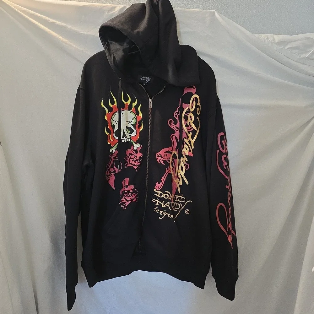 Ed Hardy "Skulls" Graphic Print  Size XL Full Zip Fleece Hoodie Black NWT - Picture 2 of 13